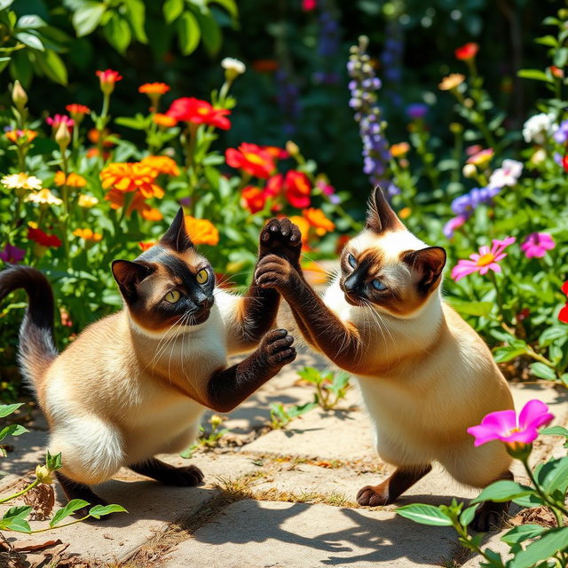 An engaging scene of a Siamese cat and a sleek black cat playfully fighting in a vibrant garden filled with colorful flowers and lush greenery