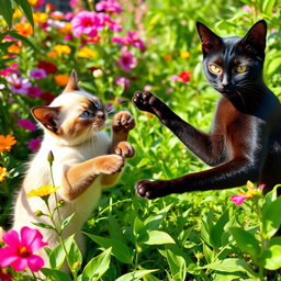 An engaging scene of a Siamese cat and a sleek black cat playfully fighting in a vibrant garden filled with colorful flowers and lush greenery