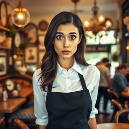 A stunning 40-year-old woman dressed as a waitress, directly facing the camera with a look of surprise