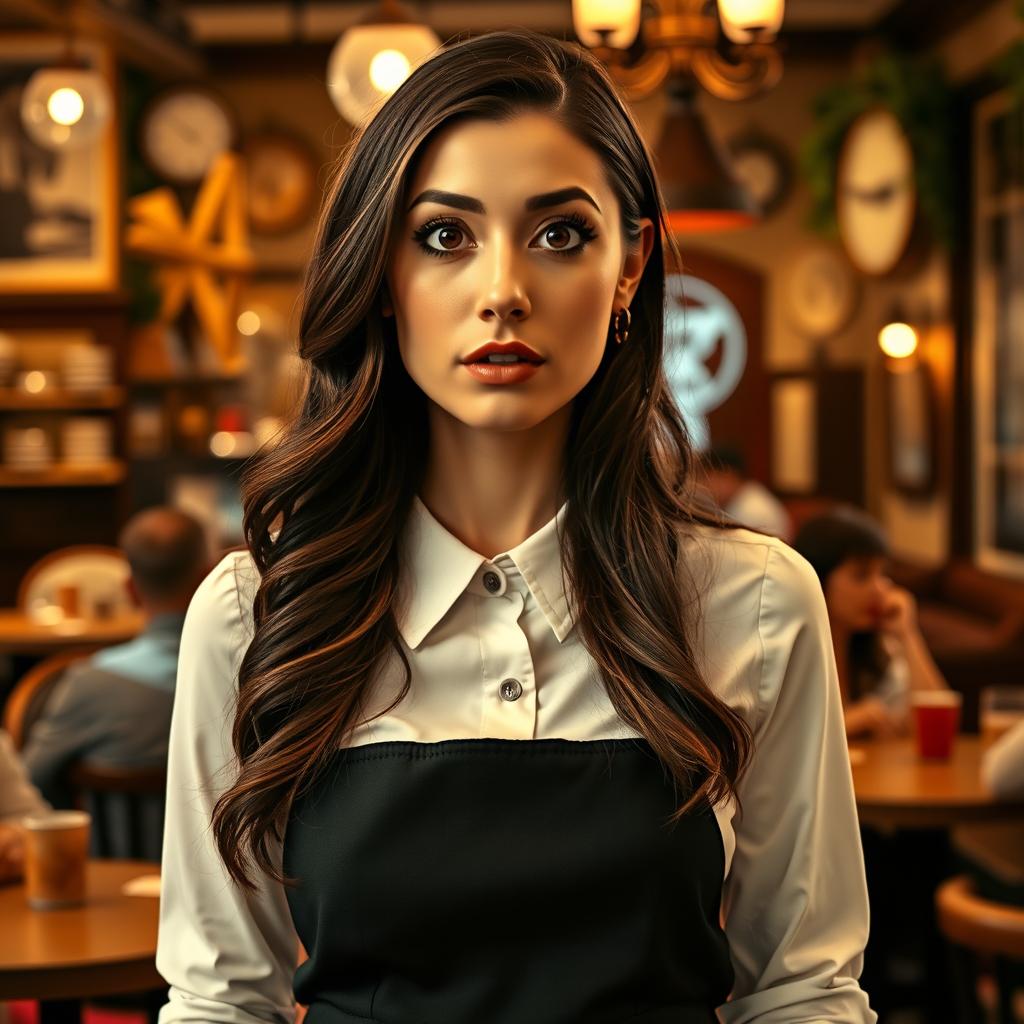 A stunning 40-year-old woman dressed as a waitress, directly facing the camera with a look of surprise