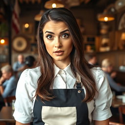 A stunning 40-year-old woman dressed as a waitress, directly facing the camera with a look of surprise