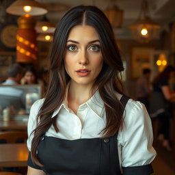 A stunning 40-year-old woman dressed as a waitress, directly facing the camera with a look of surprise