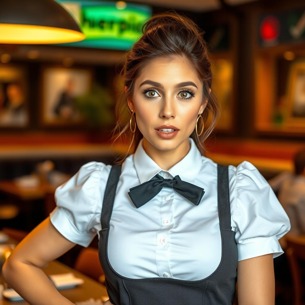 A beautiful 40-year-old woman dressed as a waitress, displaying a surprised expression while looking directly at the camera