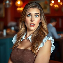 A beautiful 40-year-old woman dressed as a waitress, displaying a surprised expression while looking directly at the camera