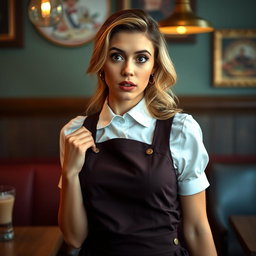 A beautiful 40-year-old woman dressed as a waitress, displaying a surprised expression while looking directly at the camera