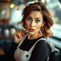 A beautiful 40-year-old woman dressed as a waitress, displaying a surprised expression while looking directly at the camera
