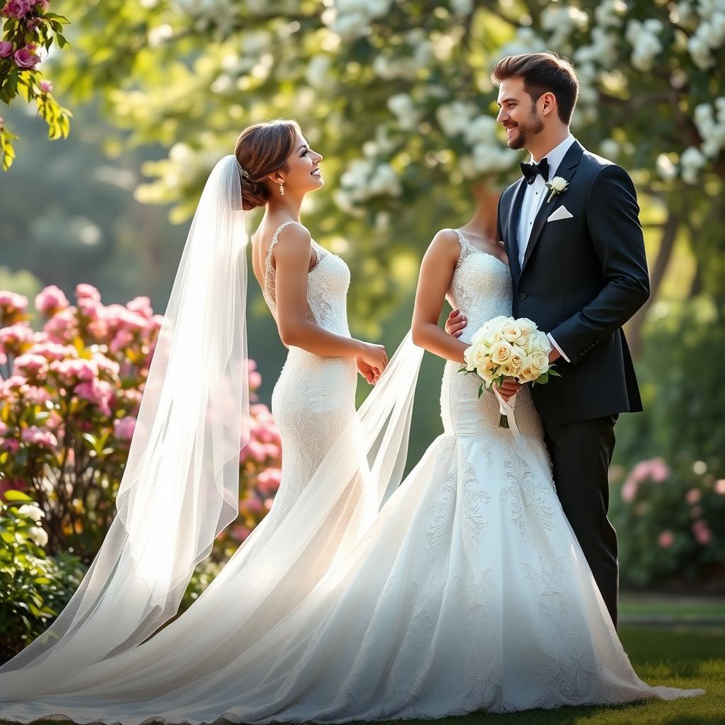 A romantic scene featuring a man and woman in elegant wedding attire