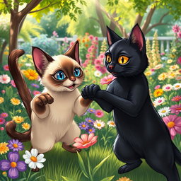 A lively drawing depicting a Siamese cat and a sleek black cat playfully fighting in a colorful garden
