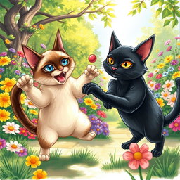 A lively drawing depicting a Siamese cat and a sleek black cat playfully fighting in a colorful garden