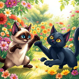 A lively drawing depicting a Siamese cat and a sleek black cat playfully fighting in a colorful garden