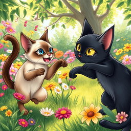 A lively drawing depicting a Siamese cat and a sleek black cat playfully fighting in a colorful garden