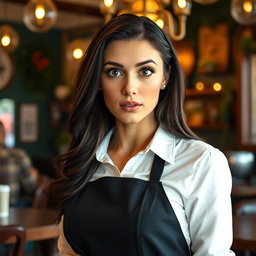 A gorgeous 40-year-old woman dressed as a waitress, looking directly at the camera with a surprised expression on her face