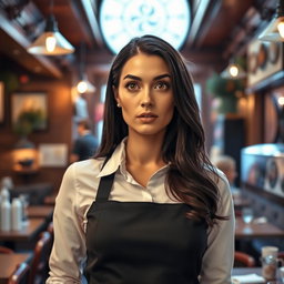 A gorgeous 40-year-old woman dressed as a waitress, looking directly at the camera with a surprised expression on her face