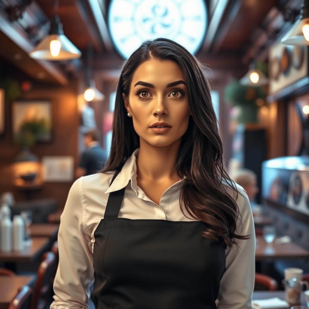 A gorgeous 40-year-old woman dressed as a waitress, looking directly at the camera with a surprised expression on her face