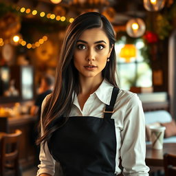 A gorgeous 40-year-old woman dressed as a waitress, looking directly at the camera with a surprised expression on her face
