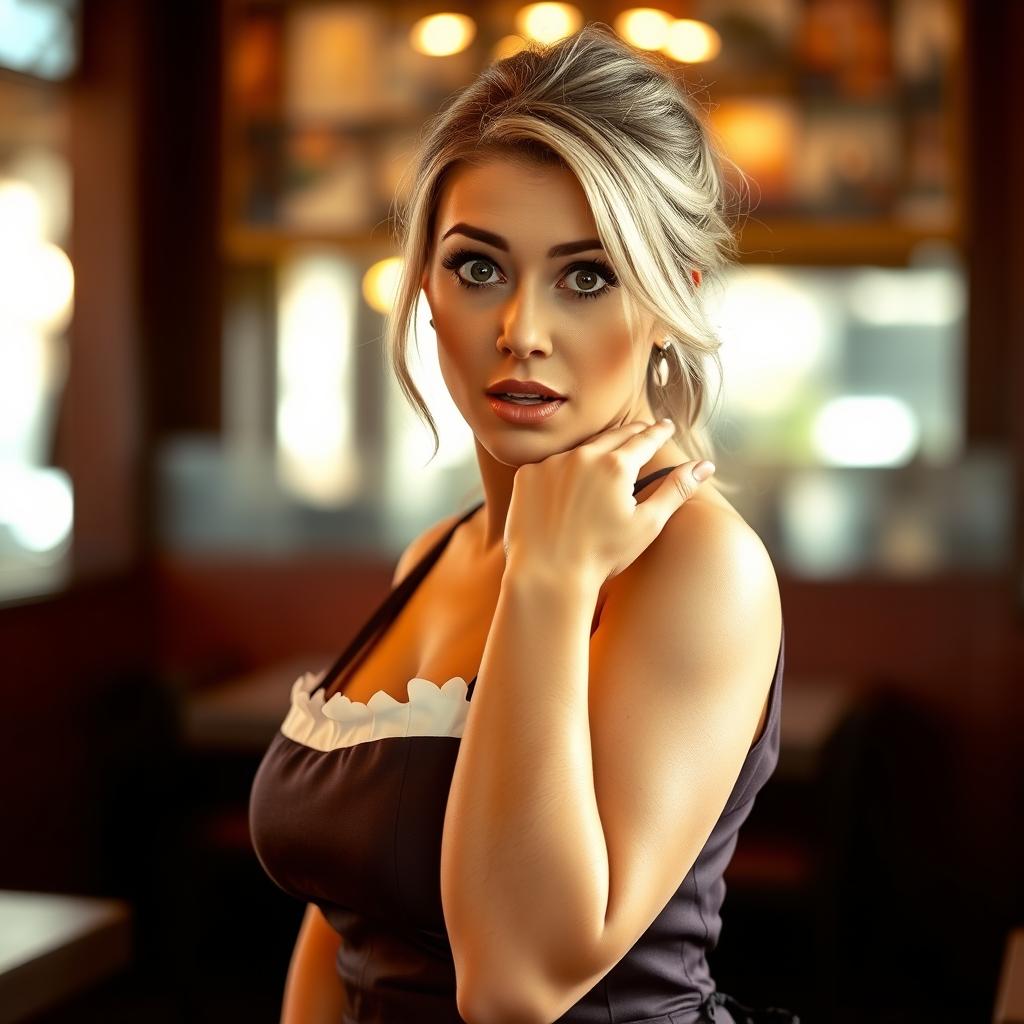 A beautiful 40-year-old woman dressed as a waitress, depicting a surprised expression while looking directly at the camera