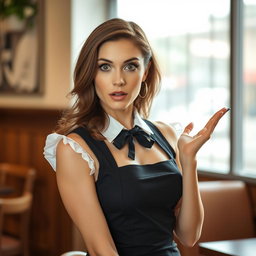 A beautiful 40-year-old woman dressed as a waitress, depicting a surprised expression while looking directly at the camera