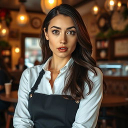 A gorgeous 40-year-old woman dressed as a waitress, looking directly at the camera with a surprised expression on her face