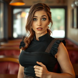 A beautiful 40-year-old woman dressed as a waitress, showing a surprised expression while looking directly at the camera