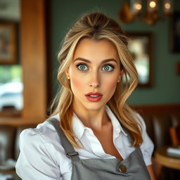 A beautiful 40-year-old woman dressed as a waitress, showing a surprised expression while looking directly at the camera