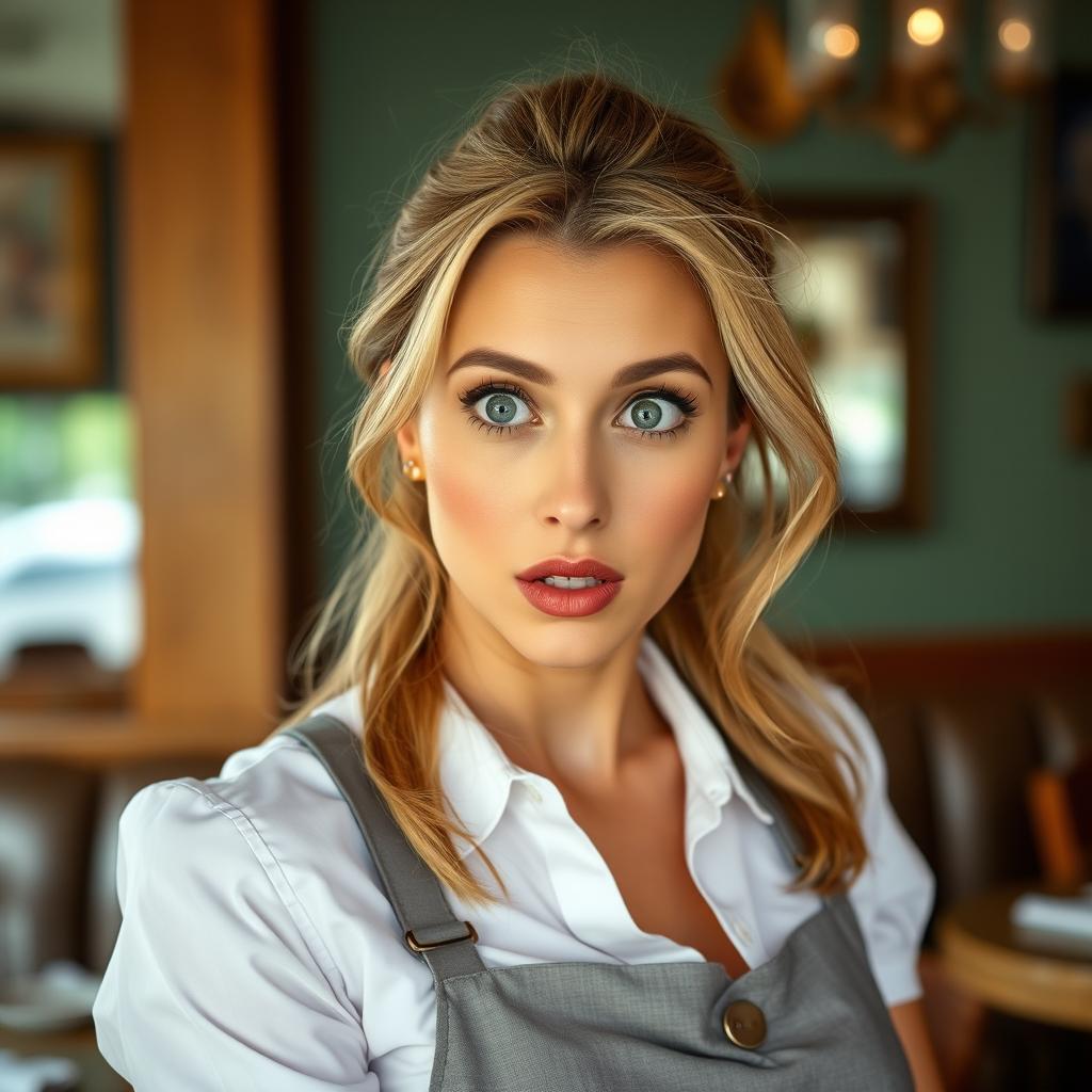 A beautiful 40-year-old woman dressed as a waitress, showing a surprised expression while looking directly at the camera