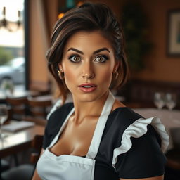 A beautiful 40-year-old woman dressed as a waitress, with a surprised expression while looking directly at the camera