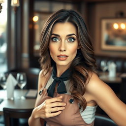 A beautiful 40-year-old woman dressed as a waitress, with a surprised expression while looking directly at the camera