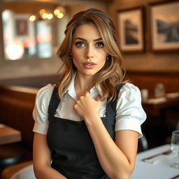 A beautiful 40-year-old woman dressed as a waitress, with a surprised expression while looking directly at the camera