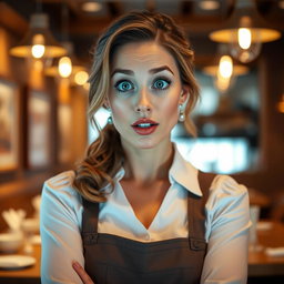 A beautiful 40-year-old woman dressed as a waitress, standing directly facing the camera with a surprised expression on her face