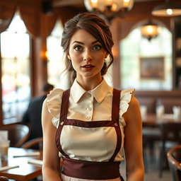 A beautiful 40-year-old woman dressed as a waitress, standing directly facing the camera with a surprised expression on her face