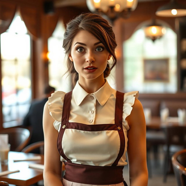A beautiful 40-year-old woman dressed as a waitress, standing directly facing the camera with a surprised expression on her face