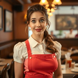 A beautiful 40-year-old woman dressed as a waitress, standing directly facing the camera with a surprised expression on her face