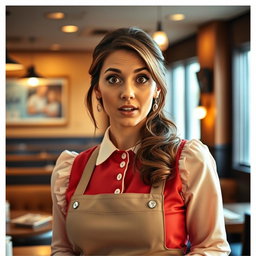 A beautiful 40-year-old woman dressed as a waitress, standing directly facing the camera with a surprised expression on her face