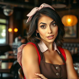 A stunning 40-year-old woman dressed as a waitress, showcasing a surprised expression while facing the camera directly