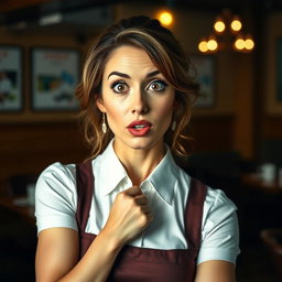 A stunning 40-year-old woman dressed as a waitress, showcasing a surprised expression while facing the camera directly