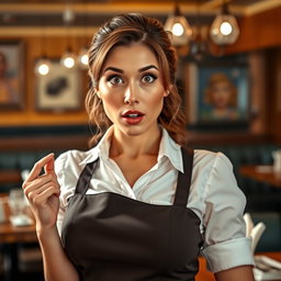 A stunning 40-year-old woman dressed as a waitress, showcasing a surprised expression while facing the camera directly