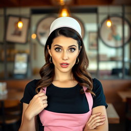 A stunning 40-year-old woman dressed as a waitress, showcasing a surprised expression while facing the camera directly