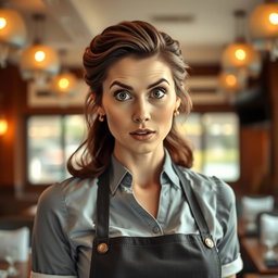 A stunning 40-year-old woman dressed as a waitress, standing directly facing the camera with a surprised expression on her face