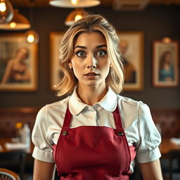 A stunning 40-year-old woman dressed as a waitress, standing directly facing the camera with a surprised expression on her face