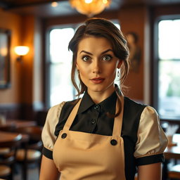 A stunning 40-year-old woman dressed as a waitress, standing directly facing the camera with a surprised expression on her face