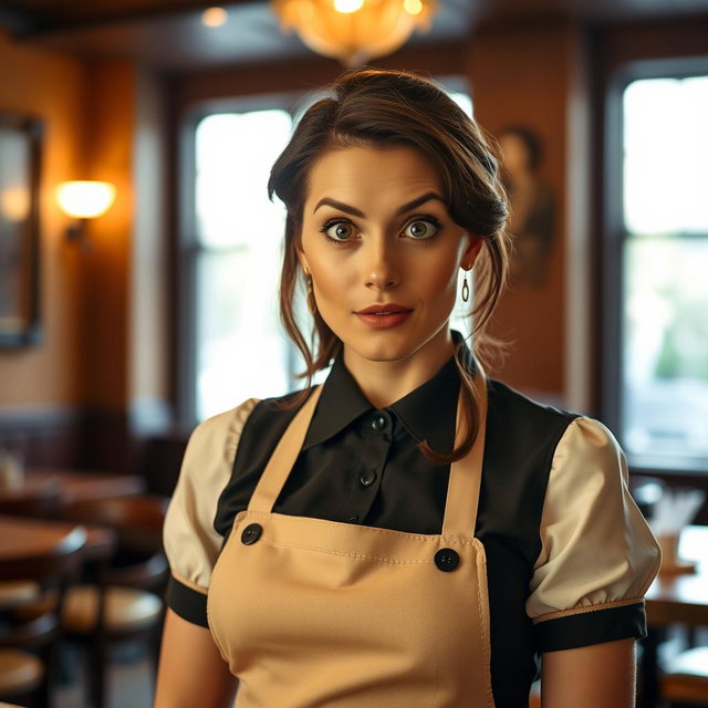 A stunning 40-year-old woman dressed as a waitress, standing directly facing the camera with a surprised expression on her face