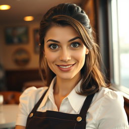 A gorgeous 40-year-old woman in a waitress uniform, facing the camera with a surprised look on her face