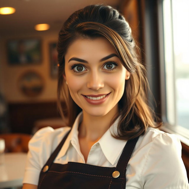 A gorgeous 40-year-old woman in a waitress uniform, facing the camera with a surprised look on her face