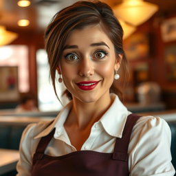 A gorgeous 40-year-old woman in a waitress uniform, facing the camera with a surprised look on her face