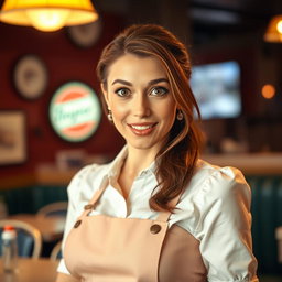A gorgeous 40-year-old woman in a waitress uniform, facing the camera with a surprised look on her face