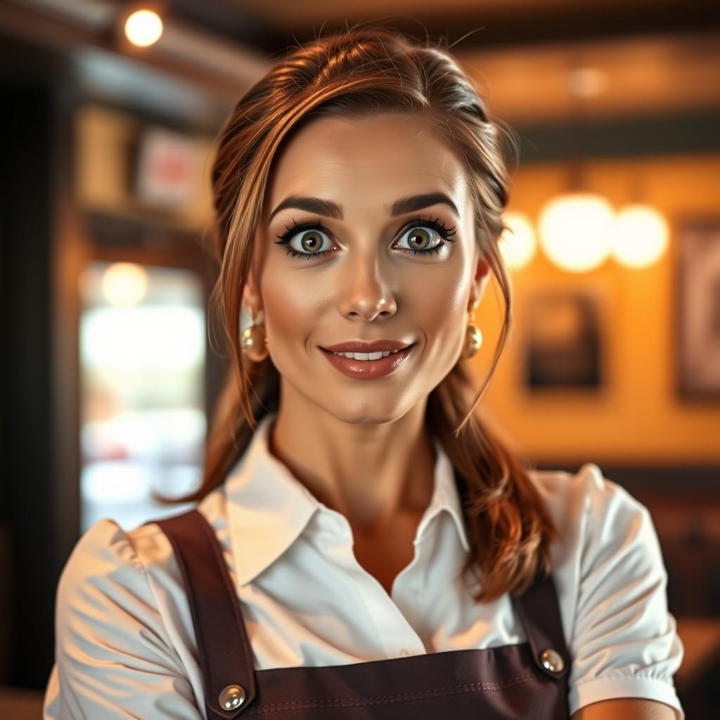 A gorgeous 40-year-old woman in a waitress uniform, facing the camera with a surprised look on her face