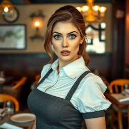 A gorgeous 40-year-old woman dressed as a waitress, exhibiting a surprised expression while facing the camera directly