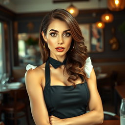 A gorgeous 40-year-old woman dressed as a waitress, exhibiting a surprised expression while facing the camera directly
