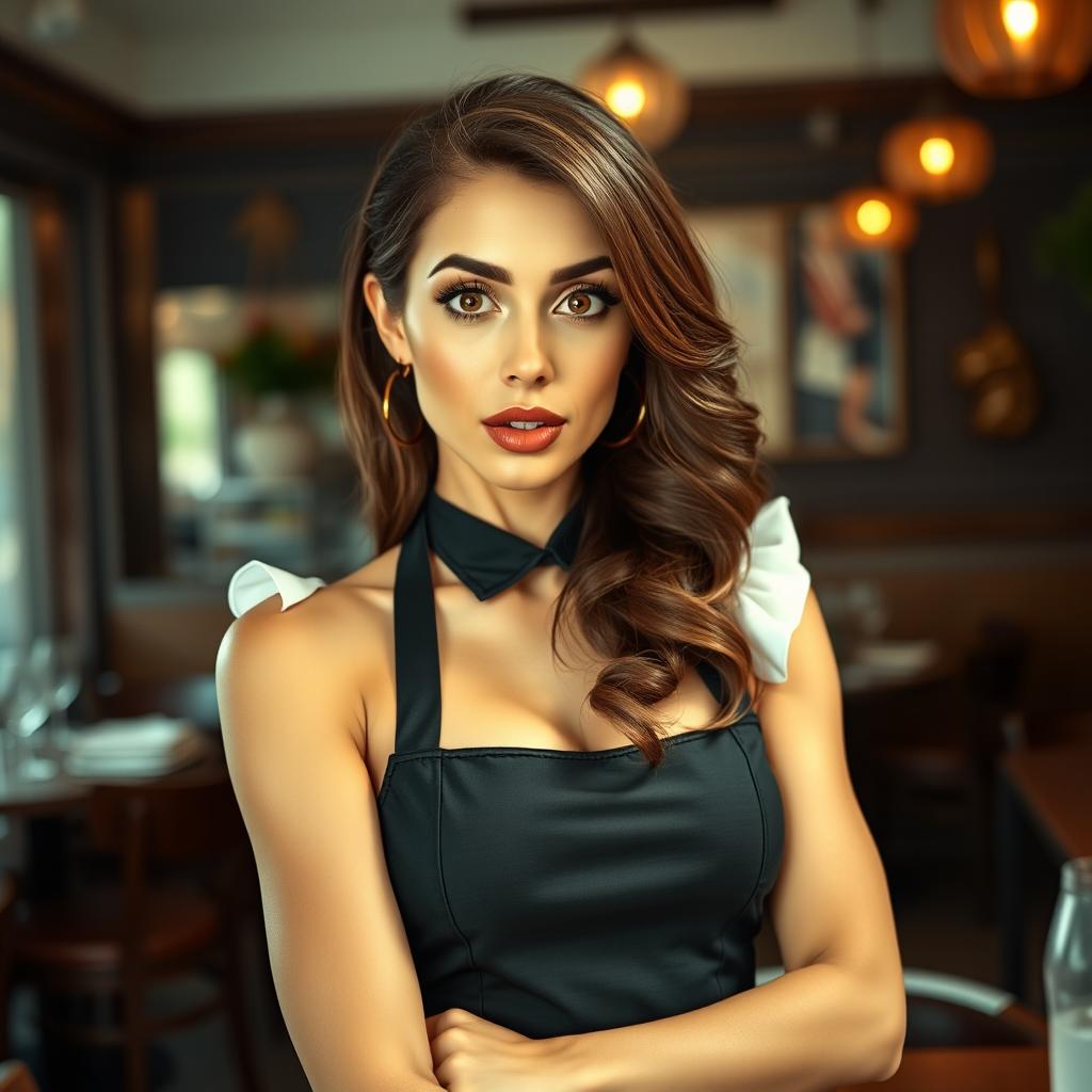 A gorgeous 40-year-old woman dressed as a waitress, exhibiting a surprised expression while facing the camera directly