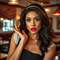 A gorgeous 40-year-old woman dressed as a waitress, exhibiting a surprised expression while facing the camera directly